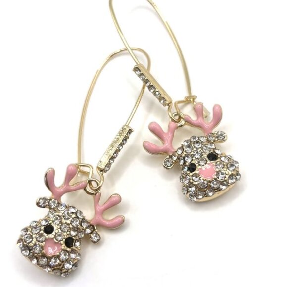 Pink Enamel Antlers Rhinestone Gold Tone Reindeer Head Christmas Winter Earrings - Picture 2 of 4